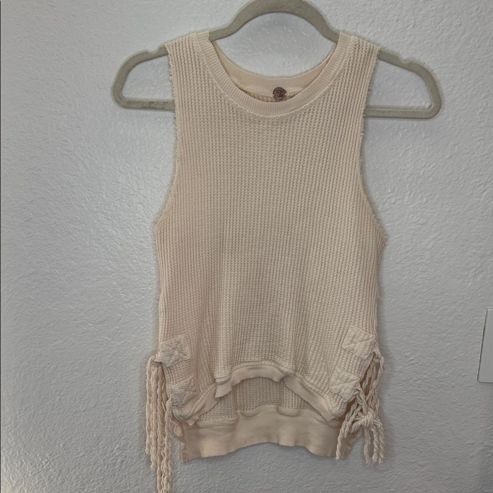 Free People Beige Cotton Ribbed Tank with Side Ties
